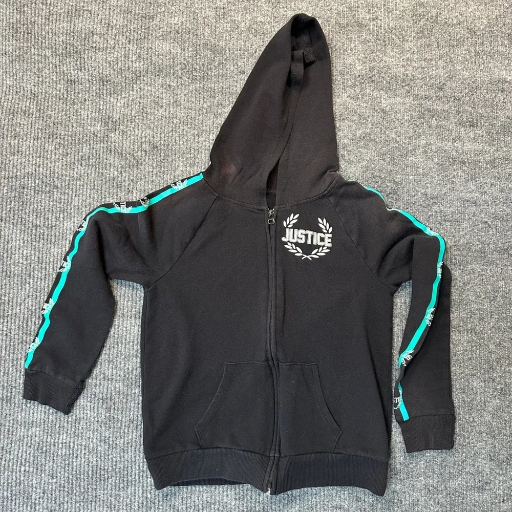 Justice Active Full-Zip Hoodie 12 Black Teal Logo Tape Sleeves